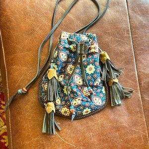 Mini Blue and Brown Floral Drawstring Bag with Tassels